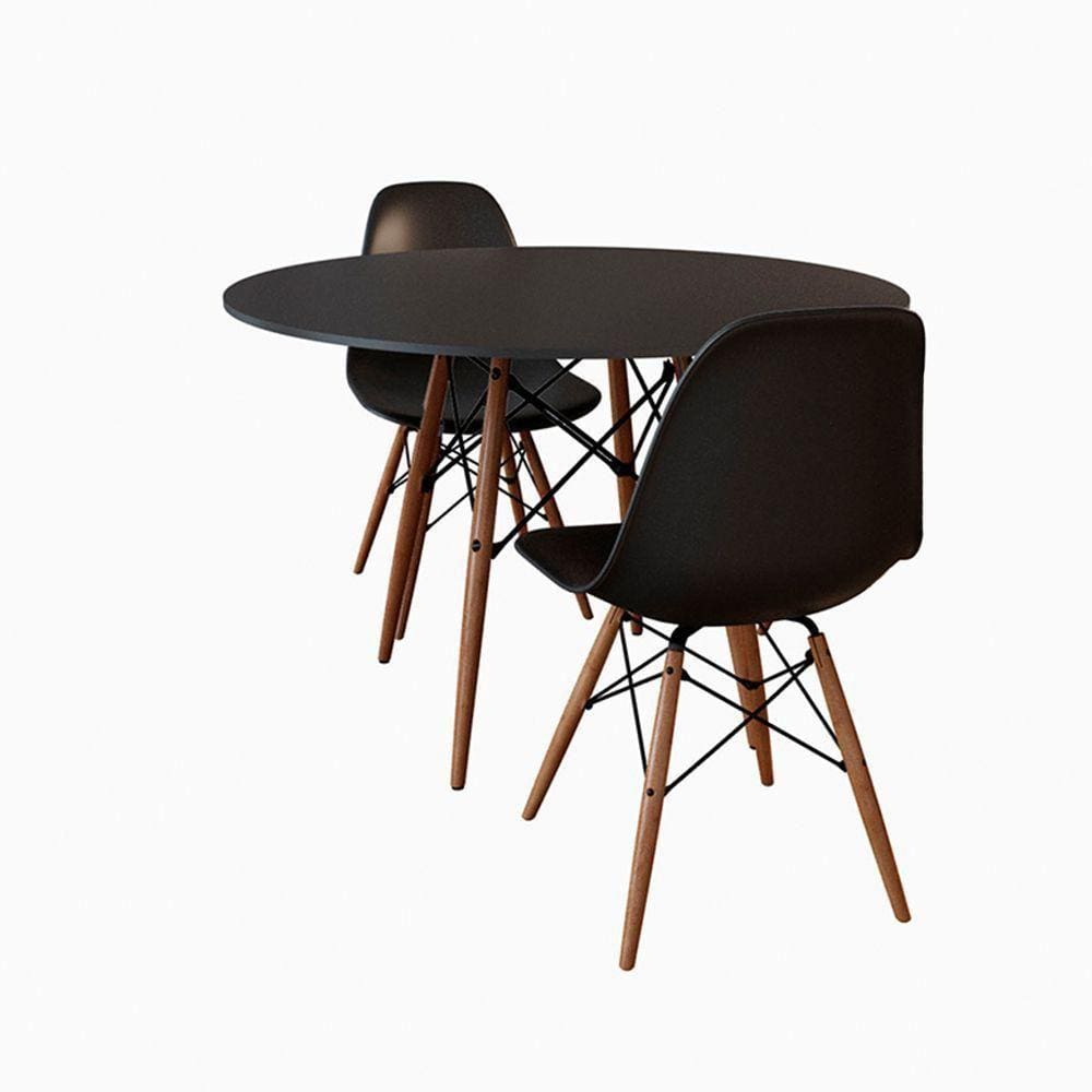 Conjunto De Mesa De Jantar Redonda 80Cm Tampo De Madeira Preto Com 2 Cadeiras Preta