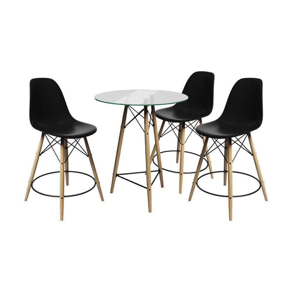 Conjunto Mesa Bistrô Eames Eiffel Vidro Com 3 Banquetas Pretas De Madeira - Cor: Preto