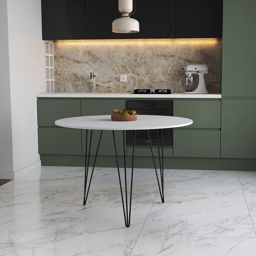 Mesa De Jantar Redonda 90Cm Branca Clips 3 Pés Ferro Preto Cor: Branco