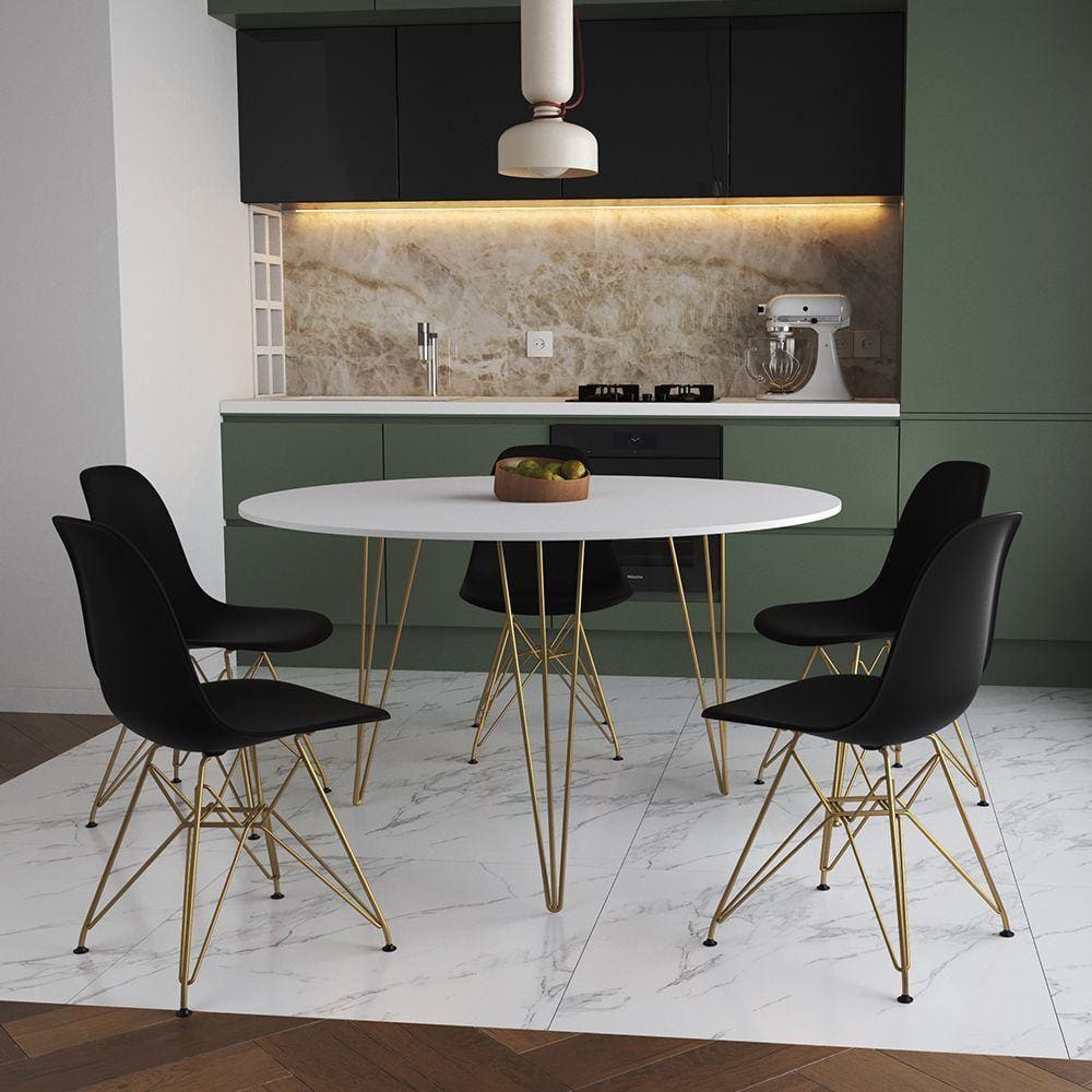 Mesa Jantar Redonda 110Cm Branca Clips 3 Pés Com 5 Cadeiras Pretas Base Dourada - Cor: Branco