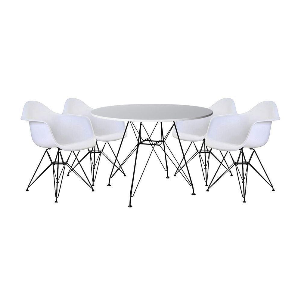 Mesa De Jantar Redonda 90Cm Branca Com 4 Poltronas Brancas Ferro Preto Cor: Preto