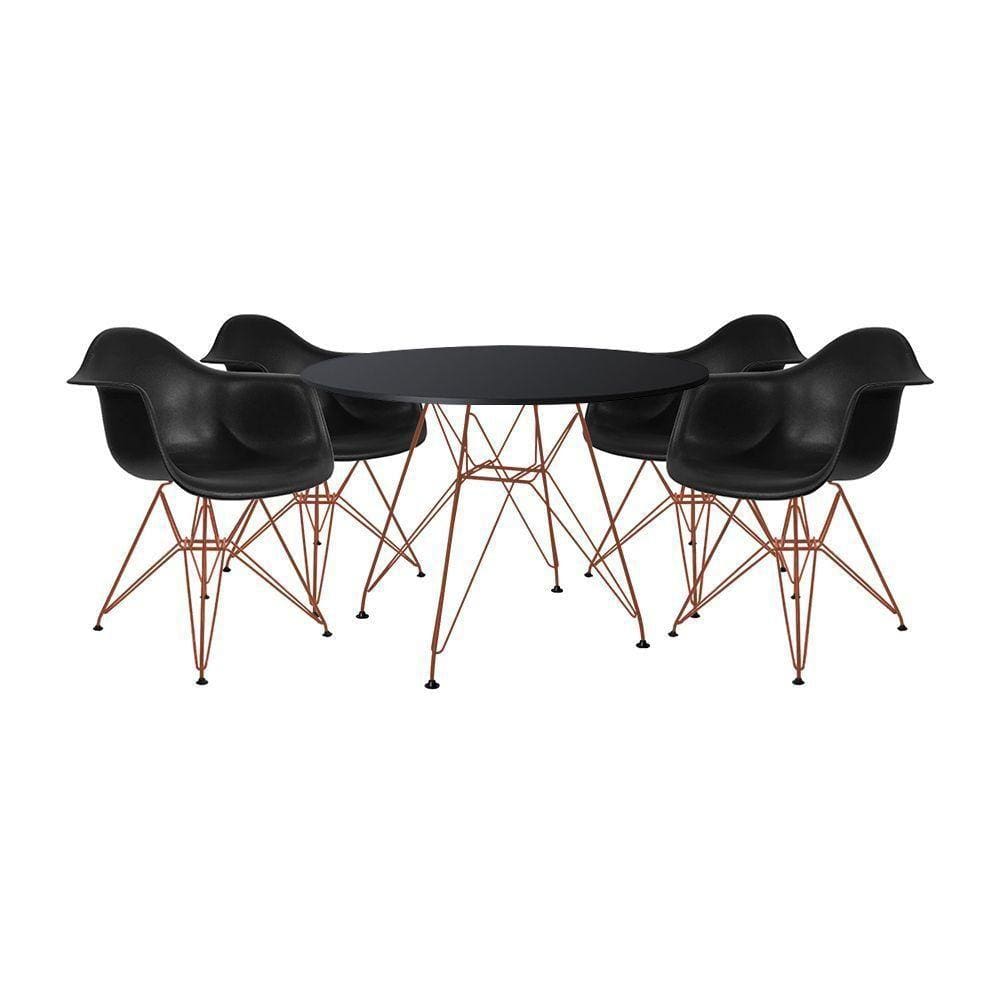 Mesa De Jantar Redonda 90Cm Preta Com 4 Poltronas Pretas Ferro Cobre Cor: Preto