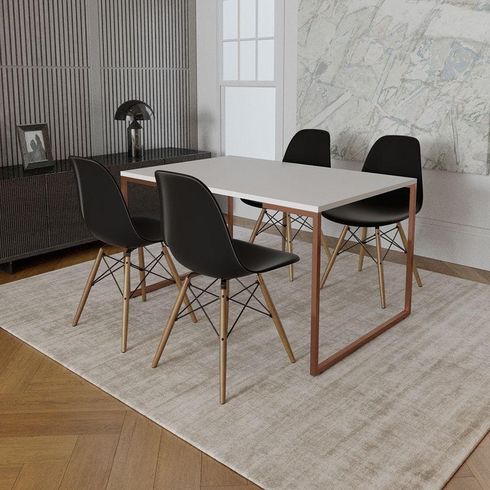 Mesa Industrial Base Ferro Cobre Tampo 137X90 Branco 4 Cadeiras Madeira Assento Preto Branco