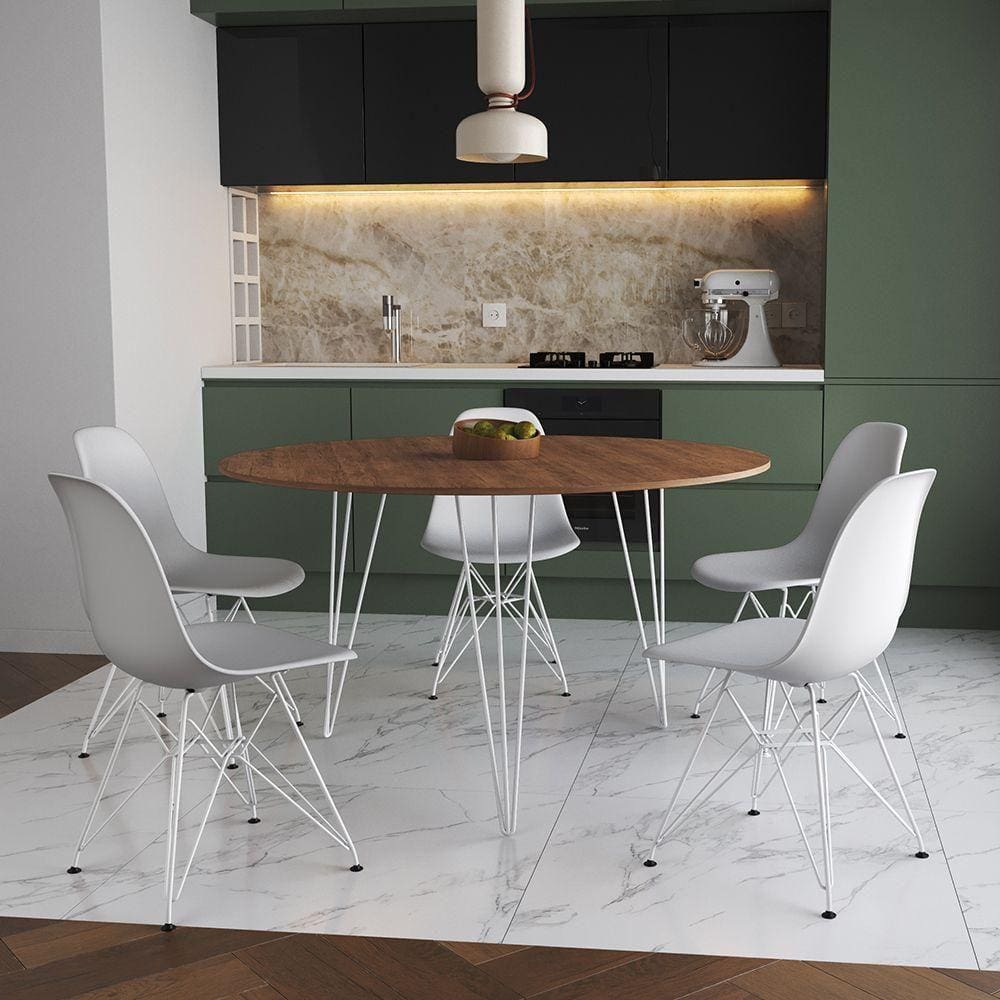 Mesa Jantar Redonda 110Cm Amêndoa Clips 3 Pés Com 5 Cadeiras Brancas Ferro Branco - Cor: Amendoa