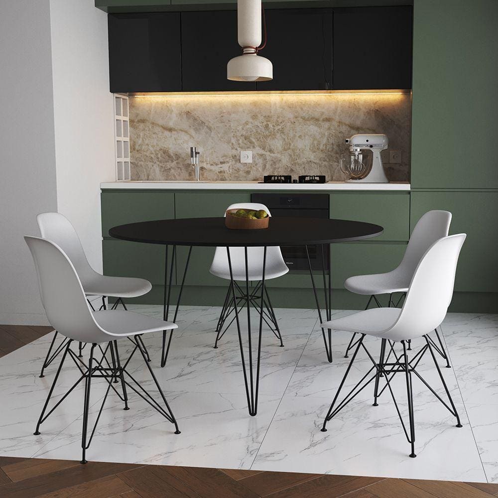 Mesa Jantar Redonda 110Cm Preta Clips 3 Pés Com 5 Cadeiras Brancas Ferro Preto - Cor: Preto