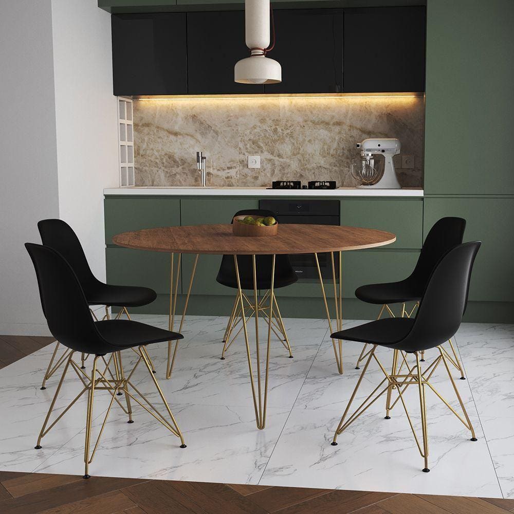 Mesa Jantar Redonda 110Cm Amêndoa Clips 3 Pés Com 5 Cadeiras Pretas Base Dourada - Cor: Amendoa