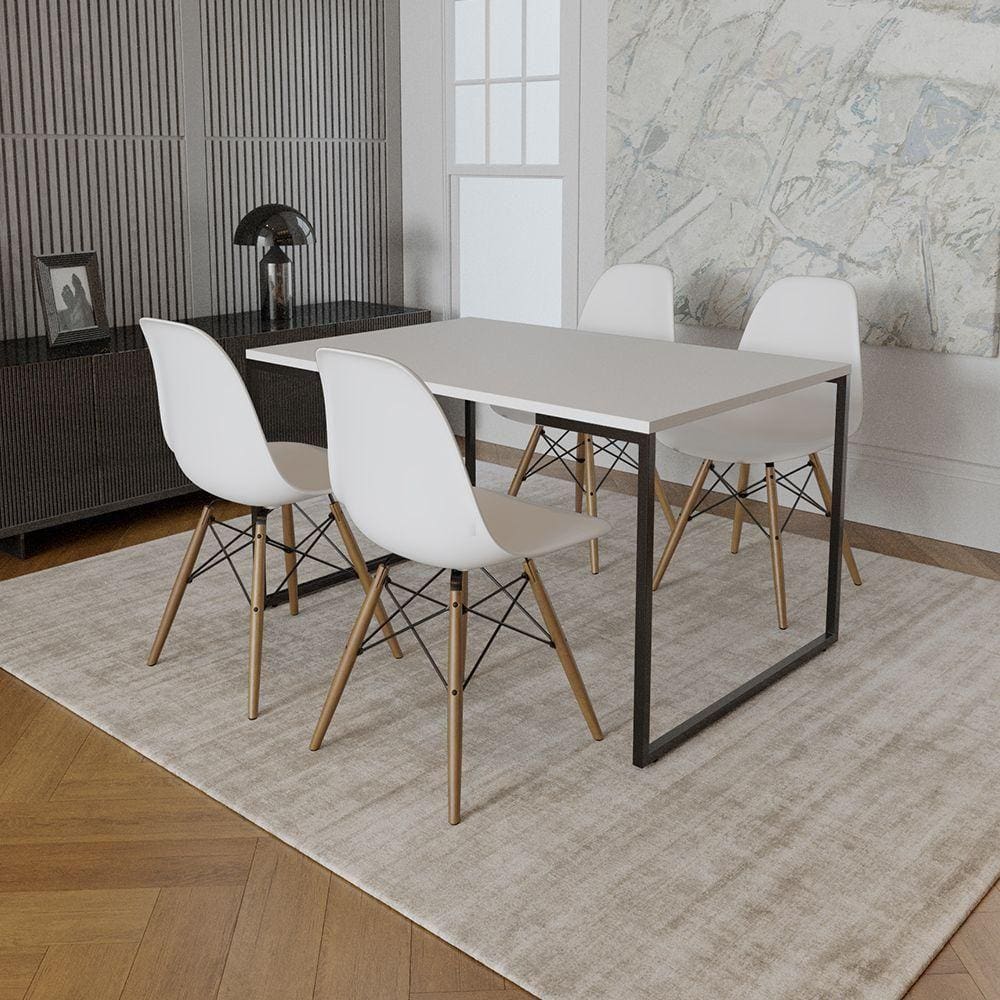 Mesa Industrial Base De Ferro Preto Tampo 137X90 Branco 4 Cadeiras Madeira Assento Branco Branco