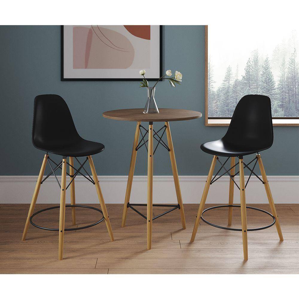 Mesa Bistrô Eames Eiffel Amêndoa Com 2 Banquetas Pretas De Madeira - Cor: Marrom