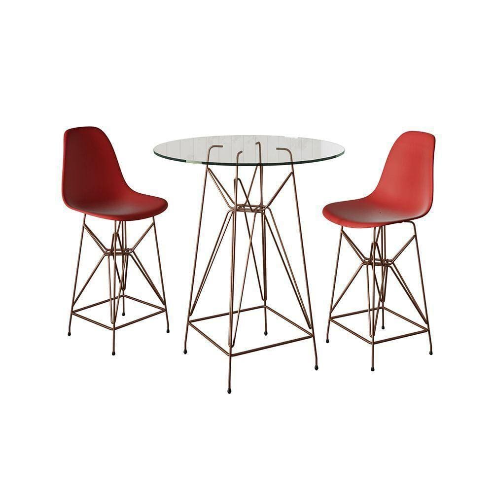 Jogo Mesa Bistrô Eames Vidro 60Cm 2 Banquetas Vermelha Base Ferro Cobre - Cor: Branco