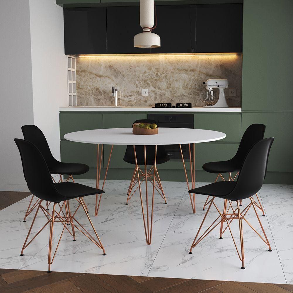 Mesa Jantar Redonda 110Cm Branca Clips 3 Pés Com 5 Cadeiras Pretas Base Cobre - Cor: Branco