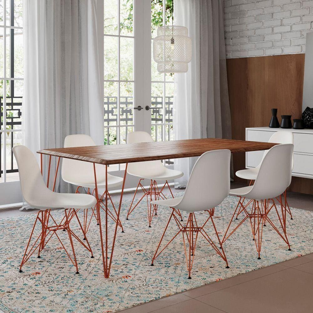 Mesa Sala De Jantar Industrial Amêndoa 135X75 6 Cadeiras Bracas De Ferro Cobre Cor: Marrom