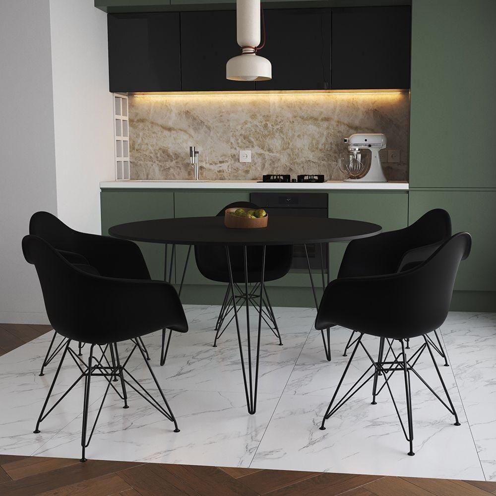 Mesa Jantar Redonda 110Cm Preta Clips 3 Pés Com 5 Poltronas Pretas Ferro Preto - Cor: Preto