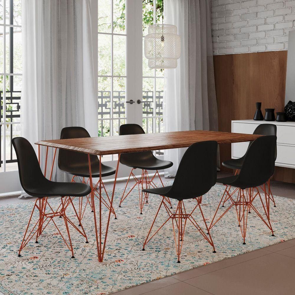 Mesa Sala De Jantar Industrial Amêndoa 135X75 6 Cadeiras Pretas De Ferro Cobre Cor: Marrom