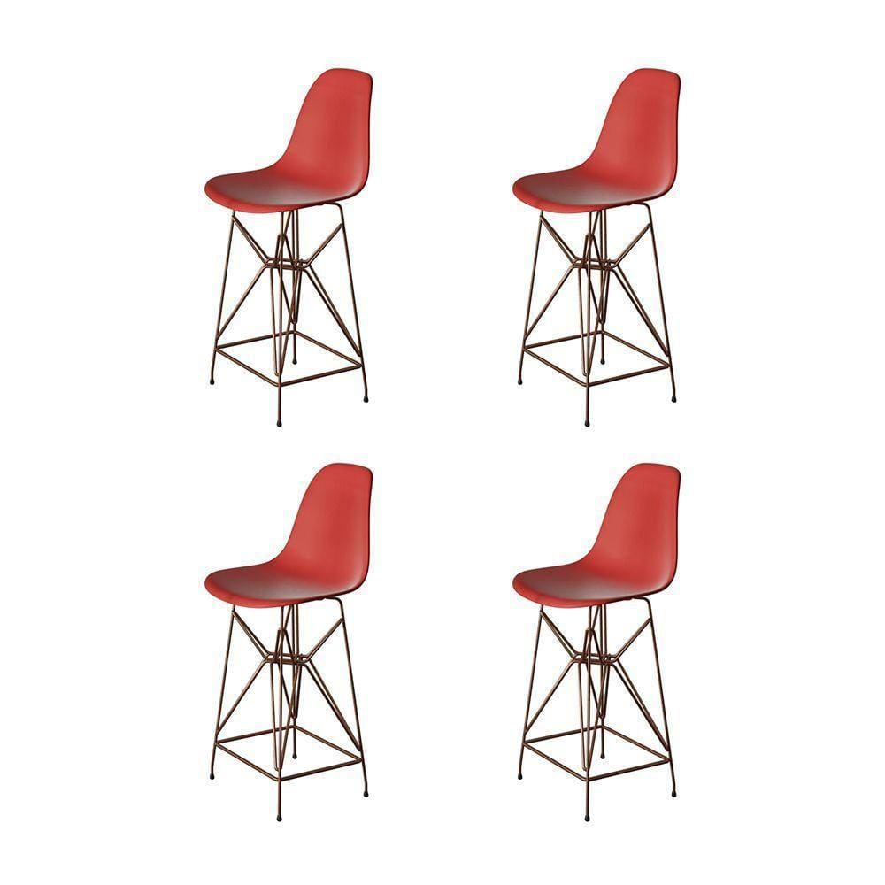 Kit 4 Banquetas Bistrô Alta Eames Vermelha Base Ferro Cobre - Cor: Vermelho