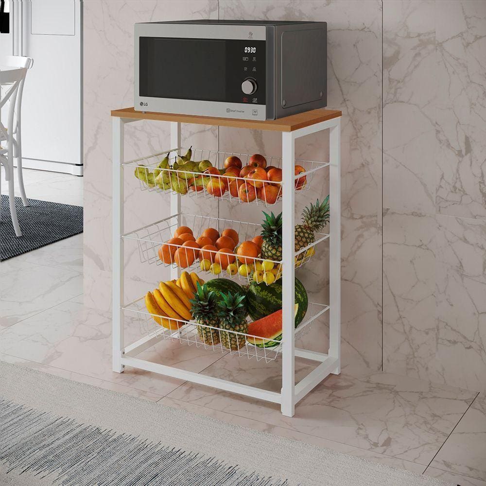Fruteira Com Suporte Para Micro-Ondas Barcelona Aço Branco Cesto Branco Tampo Canela Cor: Branco