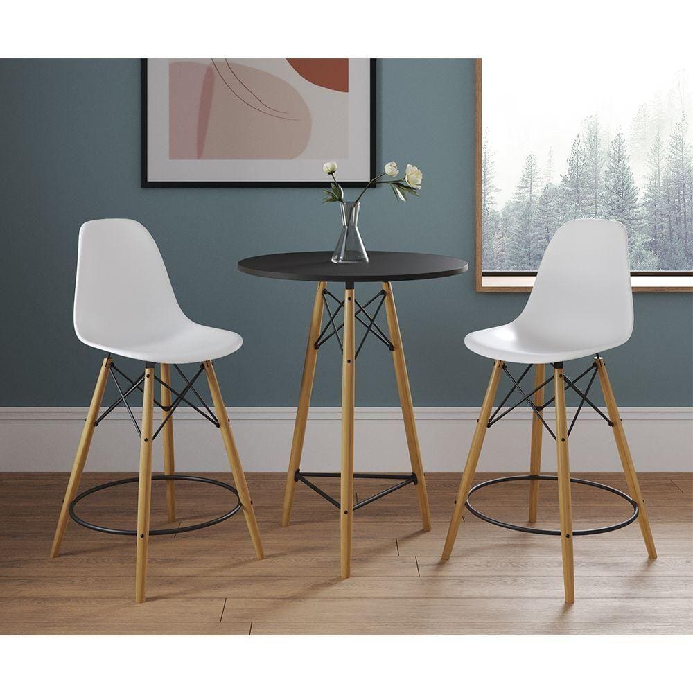 Mesa Bistrô Eames Eiffel Preta Com 2 Banquetas Brancas De Madeira - Cor: Preto