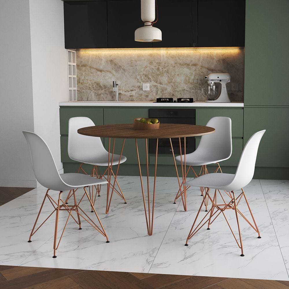 Mesa Jantar Redonda 110Cm Amêndoa Clips 3 Pés Com 4 Cadeiras Brancas Base Cobre - Cor: Amendoa