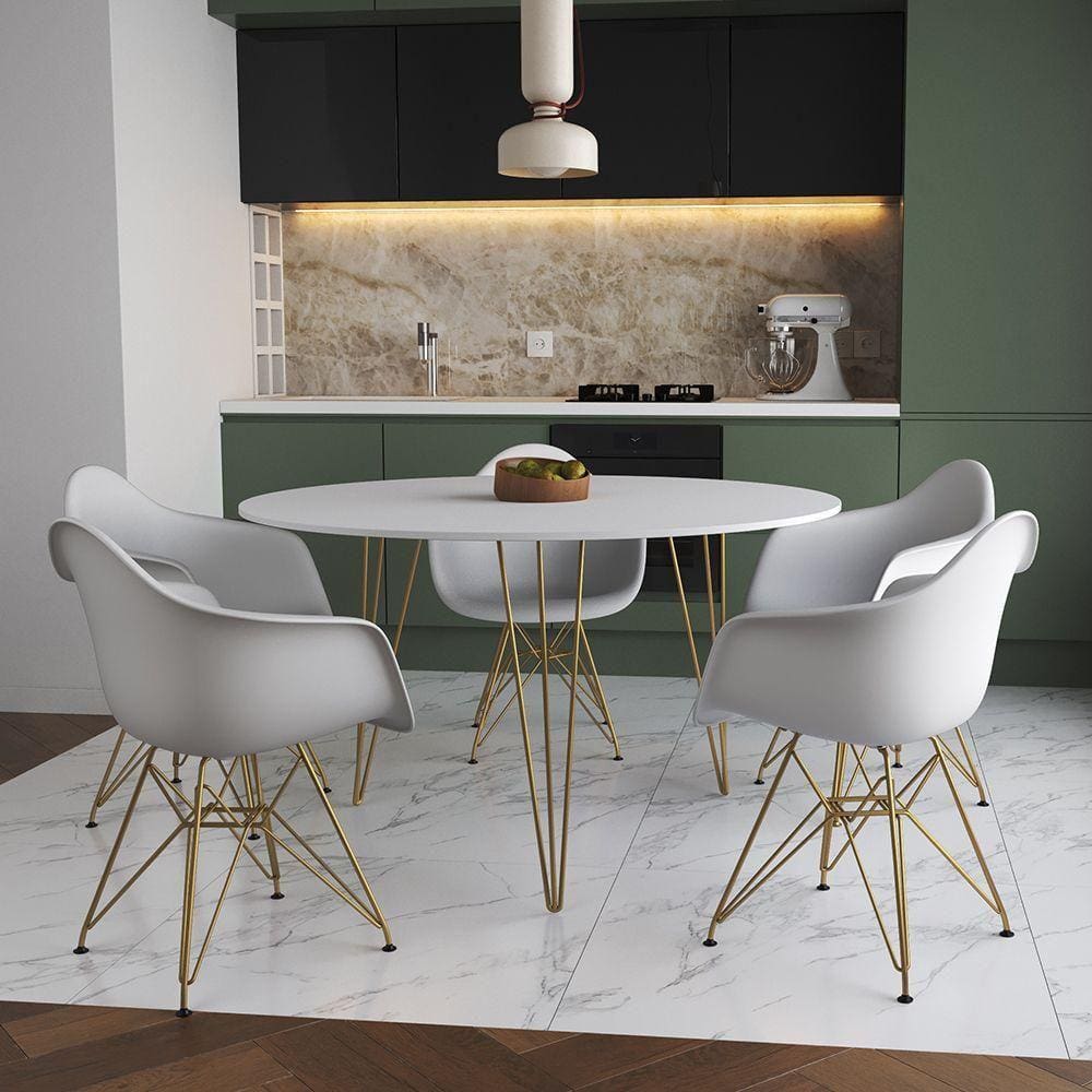 Mesa Jantar Redonda 110Cm Branca Clips 3 Pés Com 5 Poltronas Brancas Base Dourada - Cor: Branco