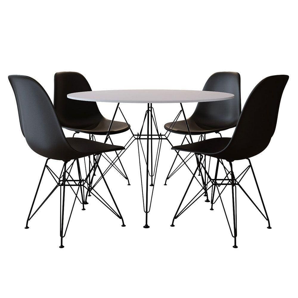 Mesa De Jantar Com 4 Cadeiras Pretas Tampo Redondo Branco 90Cm Base De Ferro Preto Cor: Preto