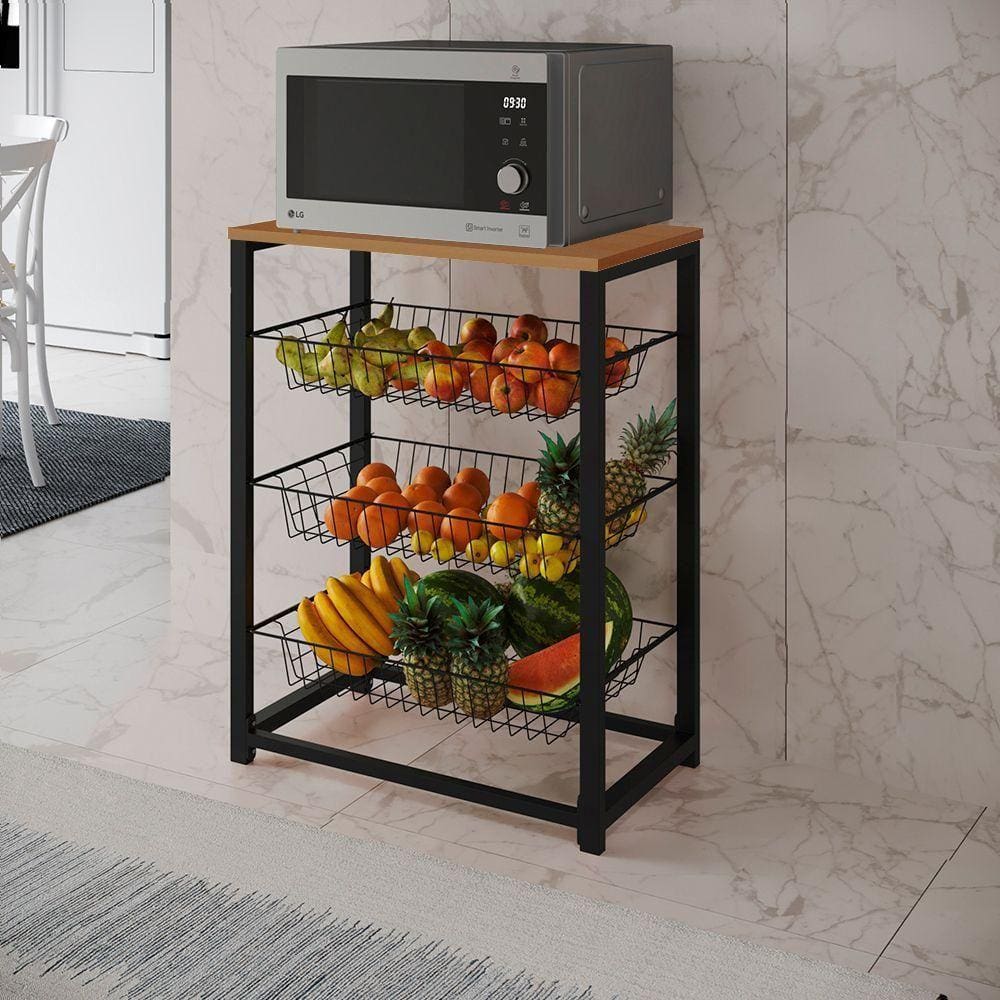 Fruteira Com Suporte Para Micro-Ondas Barcelona Aço Preto Cesto Preto Tampo Canela Cor: Canela