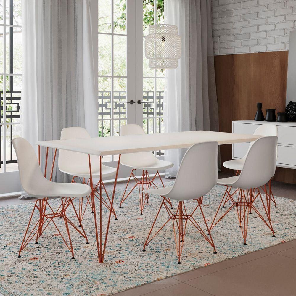 Mesa Sala De Jantar Industrial Branca 135X75 6 Cadeiras Brancas De Ferro Cobre Cor: Branco