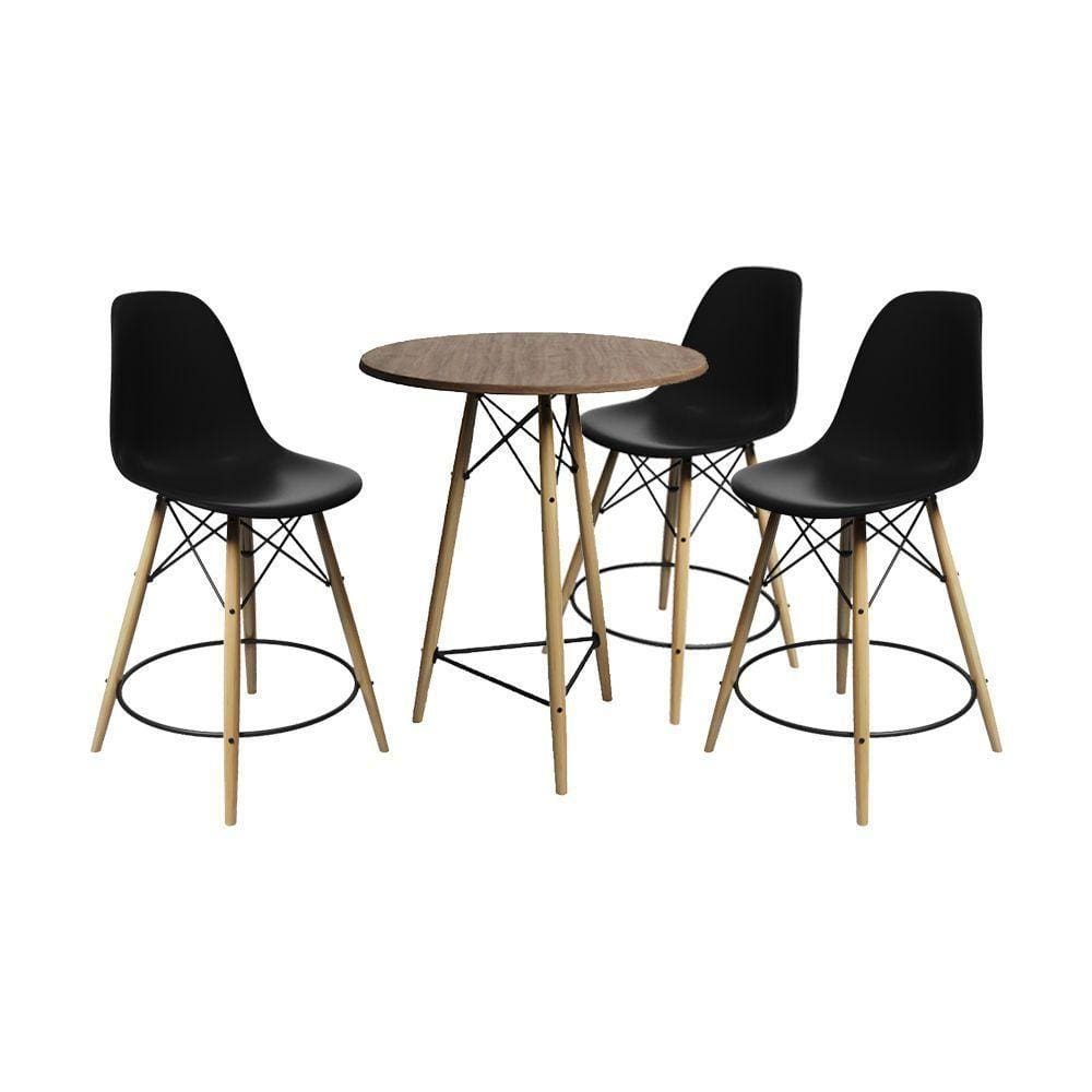 Conjunto Mesa Bistrô Eames Eiffel Amêndoa Com 3 Banquetas Pretas De Madeira - Cor: Marrom