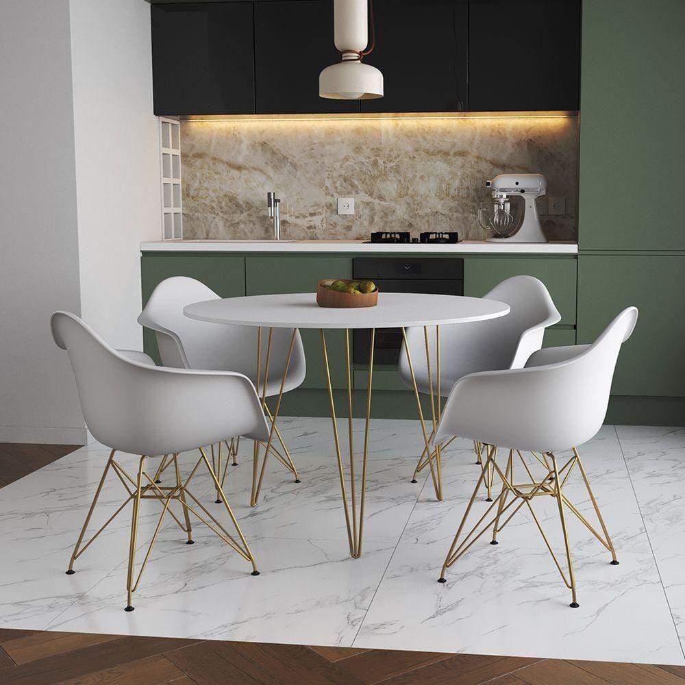 Mesa Jantar Redonda 90Cm Branca Clips 3 Pés Com 4 Poltronas Brancas Base Dourado - Cor: Branco