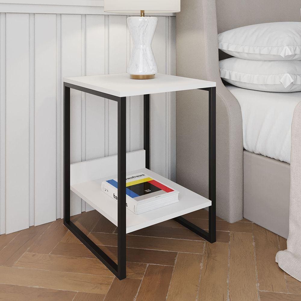 Mesa Cabeceira Industrial Branca Tókio Base Ferro Preto Cor: Preto