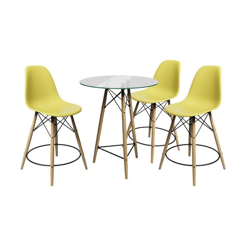 Conjunto Mesa Bistrô Eames Eiffel Vidro Com 3 Banquetas Amarelas De Madeira - Cor: Amarelo