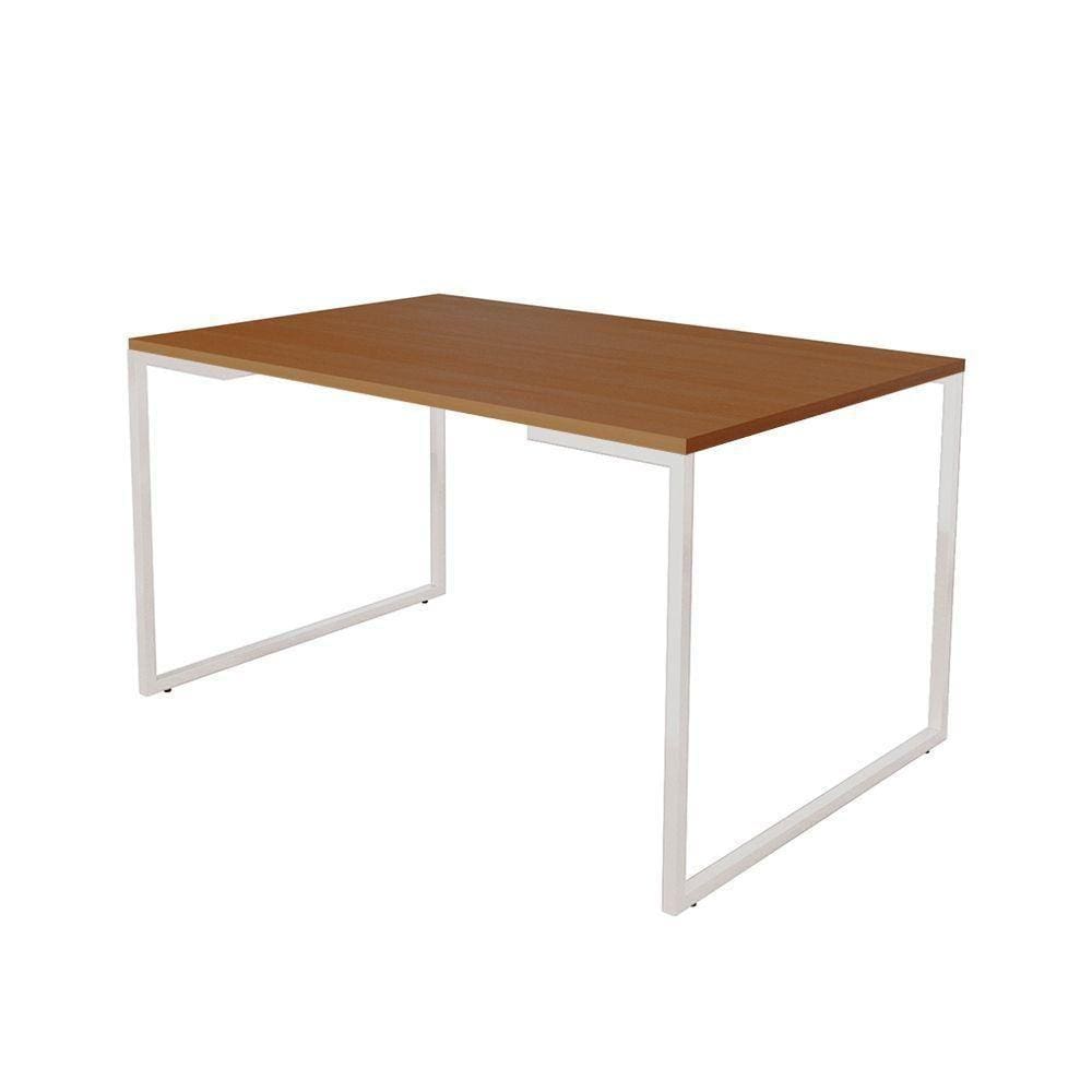 Mesa De Jantar Industrial Base Ferro Branco Tampo 137X90 Canela Cor: Marrom