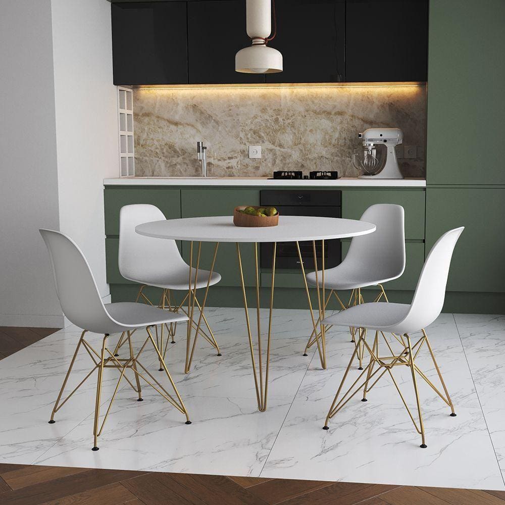Mesa Jantar Redonda 110Cm Branca Clips 3 Pés Com 4 Cadeiras Brancas Base Dourada - Cor: Branco