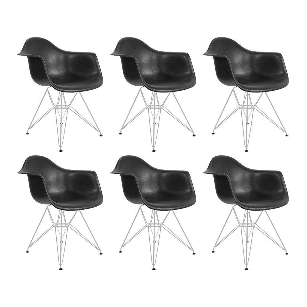 Kit 6 Poltronas Eames Eiffel Preta Com Braço Daw Ferro Branco - Cor: Branco