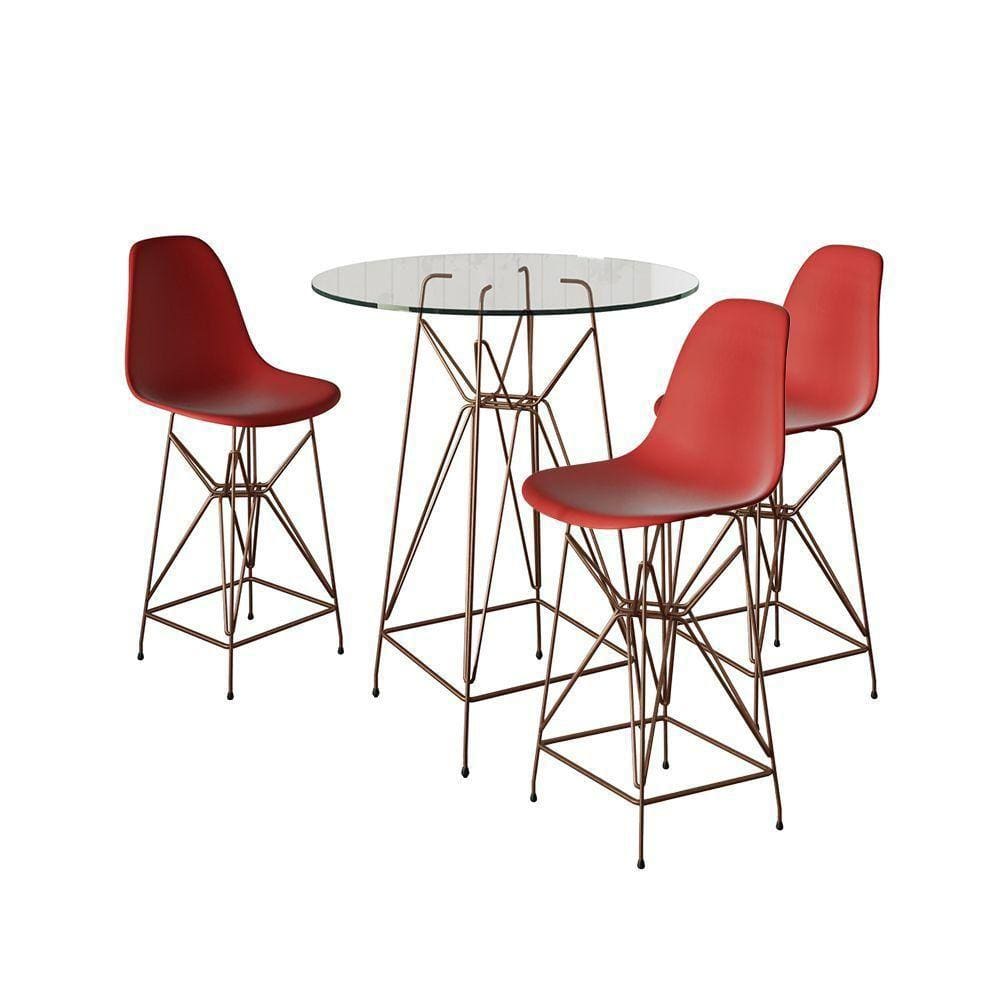 Jogo Mesa Bistrô Eames Vidro 60Cm 3 Banquetas Vermelha Base Ferro Cobre - Cor: Branco