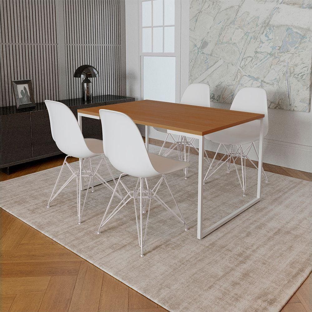 Mesa Industrial Base Ferro Branco Tampo 137X90 Canela 4 Cadeiras Ferro Branco Assento Branco Marrom