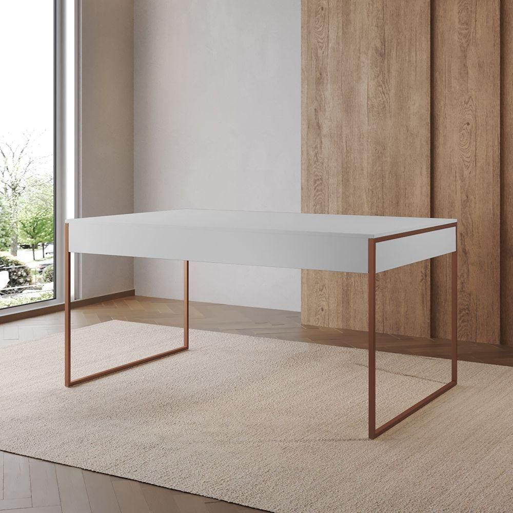 Mesa Industrial De Jantar Branca 137X90Cm Retangular Filadélfia Base Ferro Cobre Cor: Branco