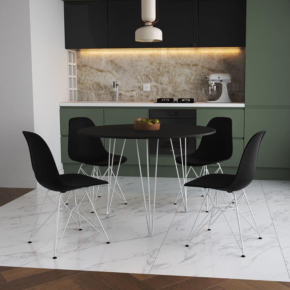 Mesa Jantar Redonda 110Cm Preta Clips 3 Pés Com 4 Cadeiras Pretas Ferro Branco - Cor: Preto
