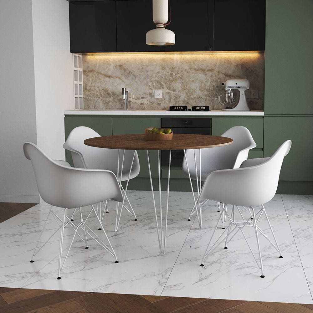 Mesa Jantar Redonda 110Cm Amêndoa Clips 3 Pés Com 4 Poltronas Brancas Ferro Branco - Cor: Amendoa