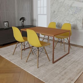 Mesa Industrial Base Ferro Cobre Tampo 137X90 Canela 4 Cadeiras Madeira Assento Amarelo Marrom