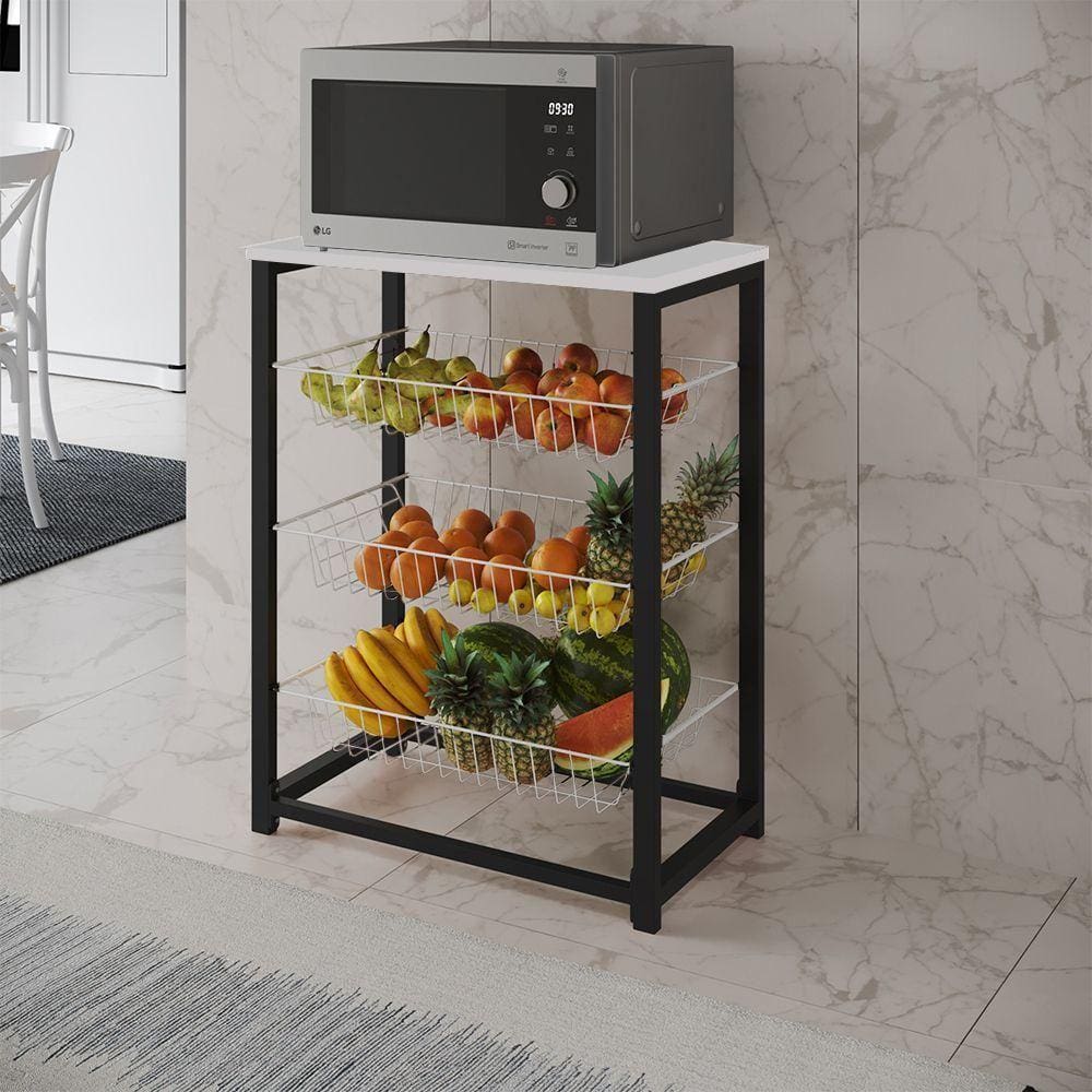 Fruteira Com Suporte Para Micro-Ondas Barcelona Aço Preto Cesto Branco Tampo Branco Cor: Branco