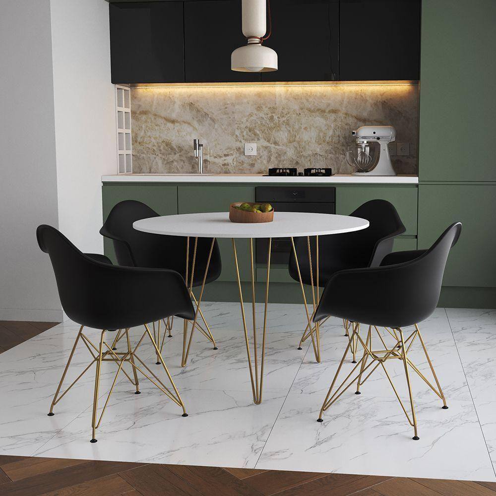 Mesa Jantar Redonda 90Cm Branca Clips 3 Pés Com 4 Poltronas Pretas Base Dourado - Cor: Branco
