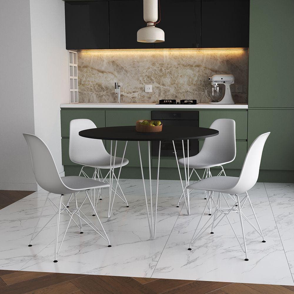 Mesa Jantar Redonda 110Cm Preta Clips 3 Pés Com 4 Cadeiras Brancas Ferro Branco - Cor: Preto