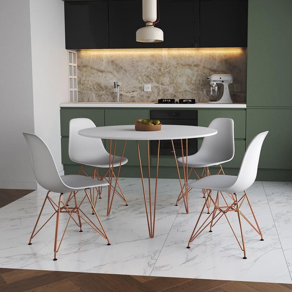 Mesa Jantar Redonda 110Cm Branca Clips 3 Pés Com 4 Cadeiras Brancas Base Cobre - Cor: Branco