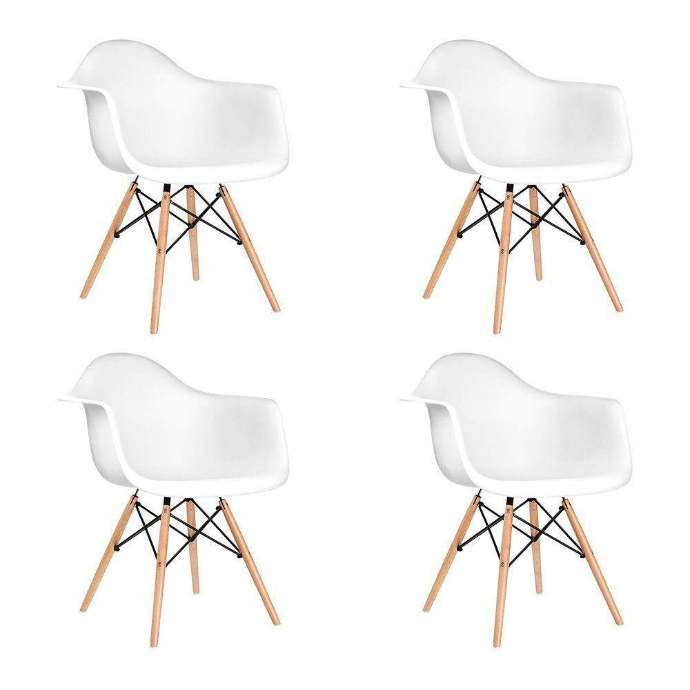 Kit 4 Poltronas Eames De Madeira Com Braço Daw Com Assento Branco - Cor: Branco
