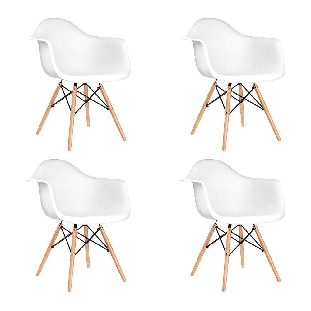 Kit 4 Cadeiras Eames Eifflel Com Braço Daw De Madeira Com Assento Branco - Cor: Branco