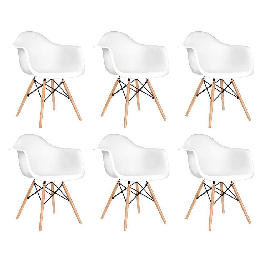 Kit 6 Cadeiras Eames Eifflel Com Braço Daw De Madeira Com Assento Branco - Cor: Branco