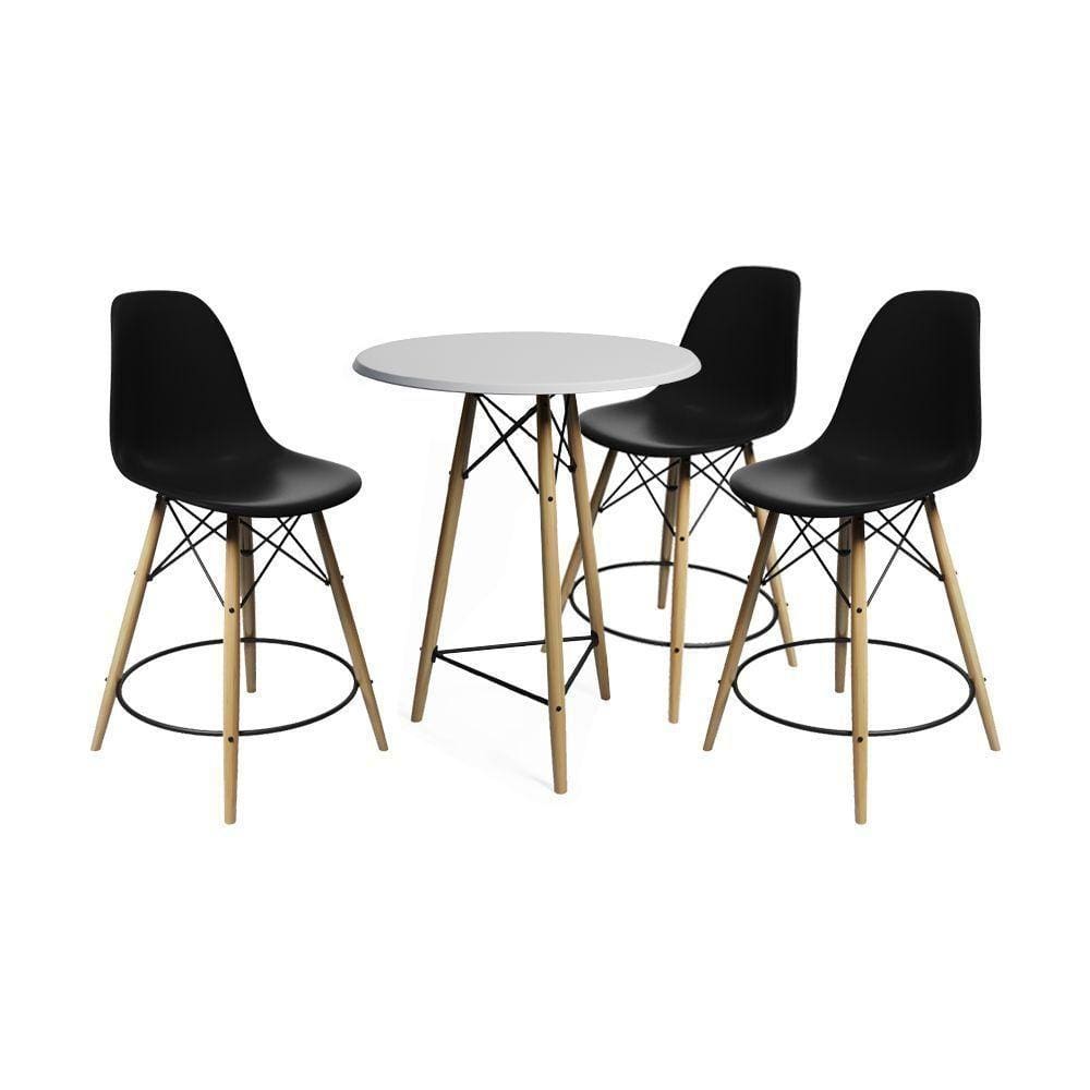 Mesa Bistrô Eames Eiffel Branca Com 3 Banquetas Pretas De Madeira - Cor: Branco
