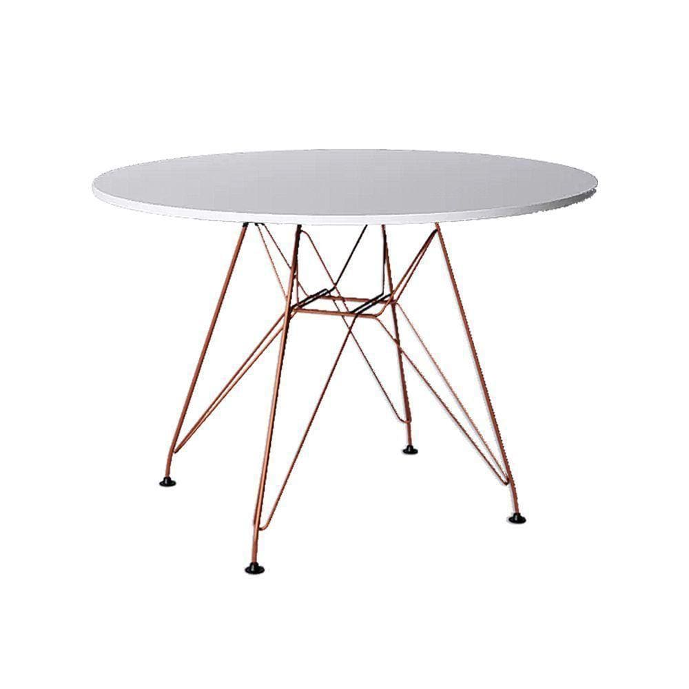 Mesa Eiffel Redonda 110Cm Tampo De Madeira Branco Com Base De Ferro Cobre - Cor: Branco