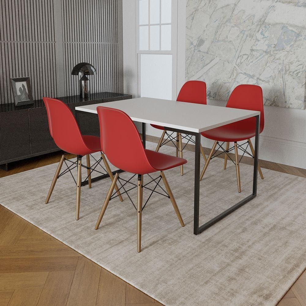 Mesa Industrial Base De Ferro Preto Tampo 137X90 Branco 4 Cadeiras Madeira Assento Vermelho Branco
