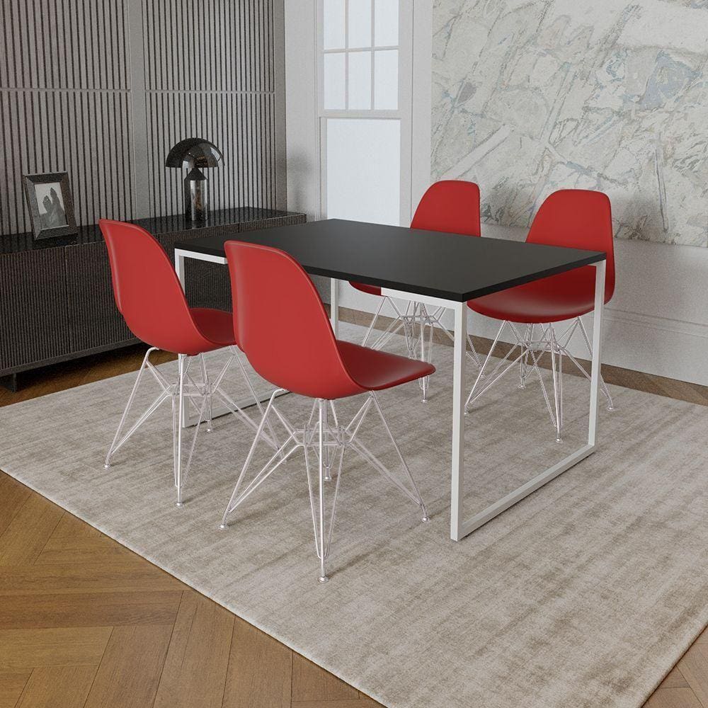 Mesa Industrial Base Ferro Branco Tampo 137X90 Preto 4 Cadeiras Ferro Branco Assento Vermelho Preto