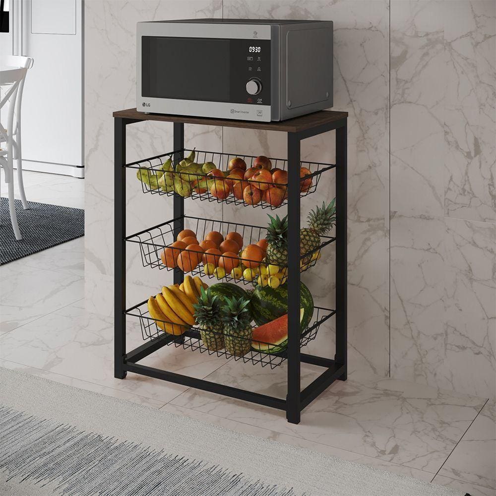 Fruteira Com Suporte Para Micro-Ondas Barcelona Aço Preto Cesto Preto Tampo Amêndoa Cor: Amendoa